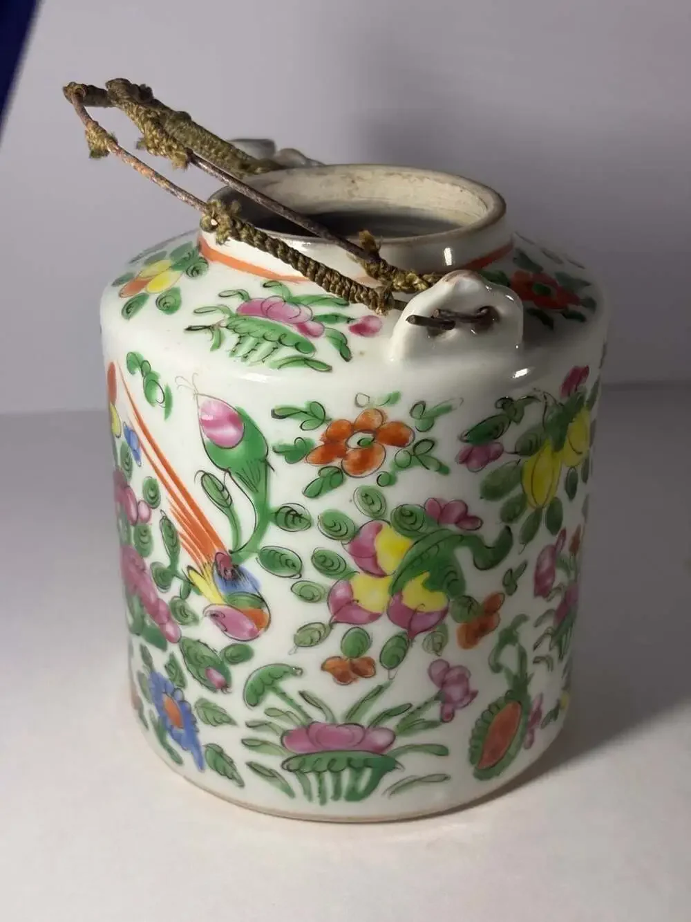 Antique Chinese Famille Rose Porcelain Hand Painted Teapot ,Wire , Twine Handle